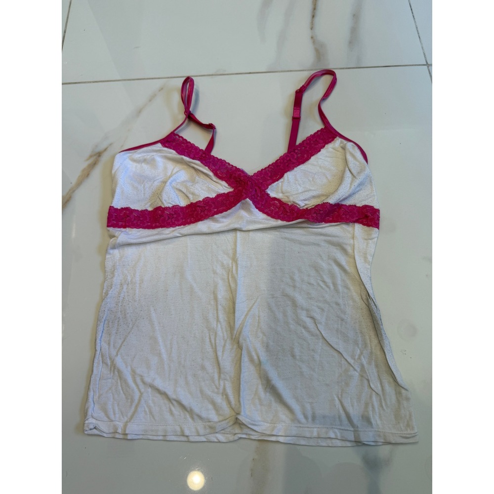 Victorias Secret PINK White Camisole Tank Top Pink Lace Trim Size M/L